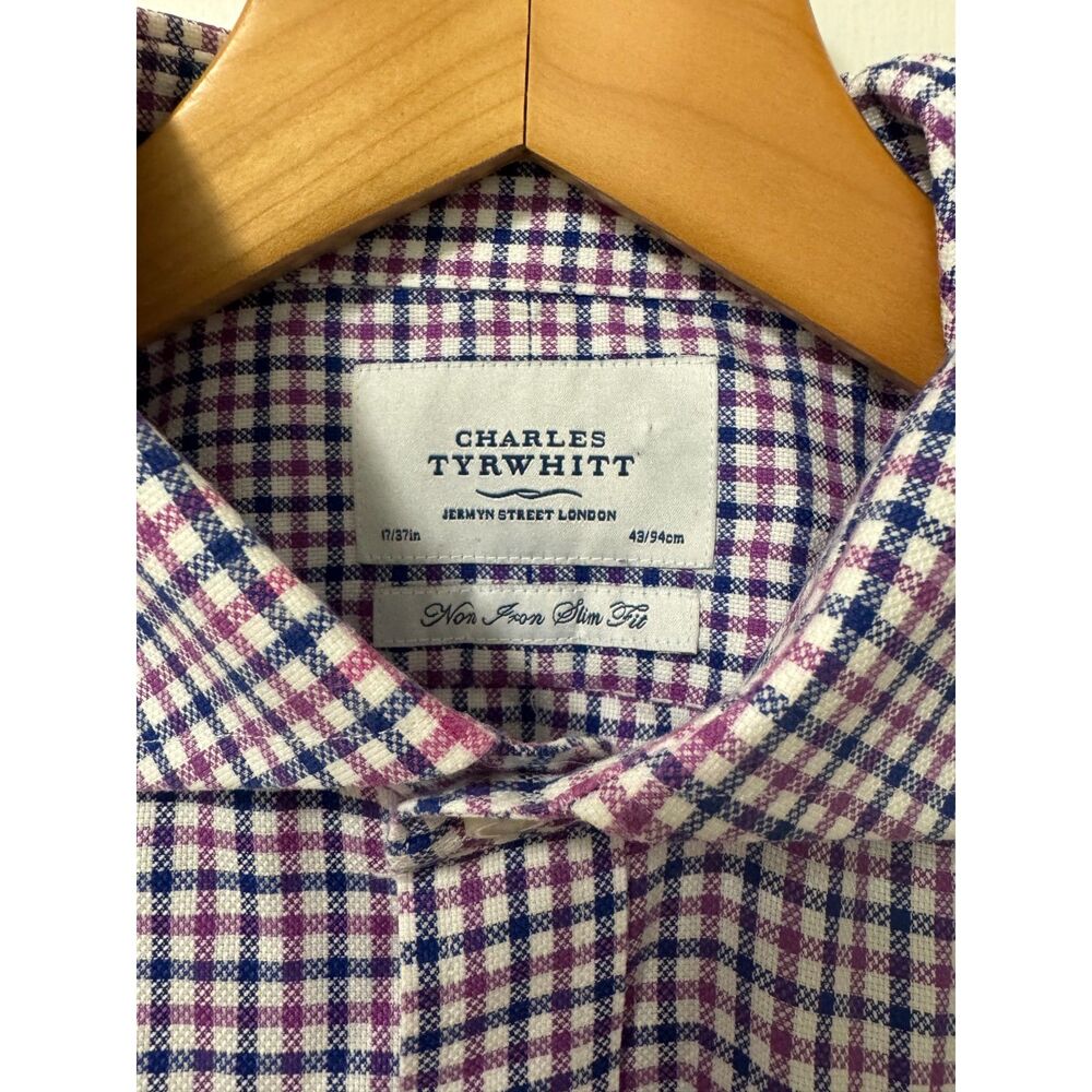 Charles Tyrwhitt Non-Iron Slim Fit Plaid Shirt Purple Blue 17/37 100% Cotton Lg